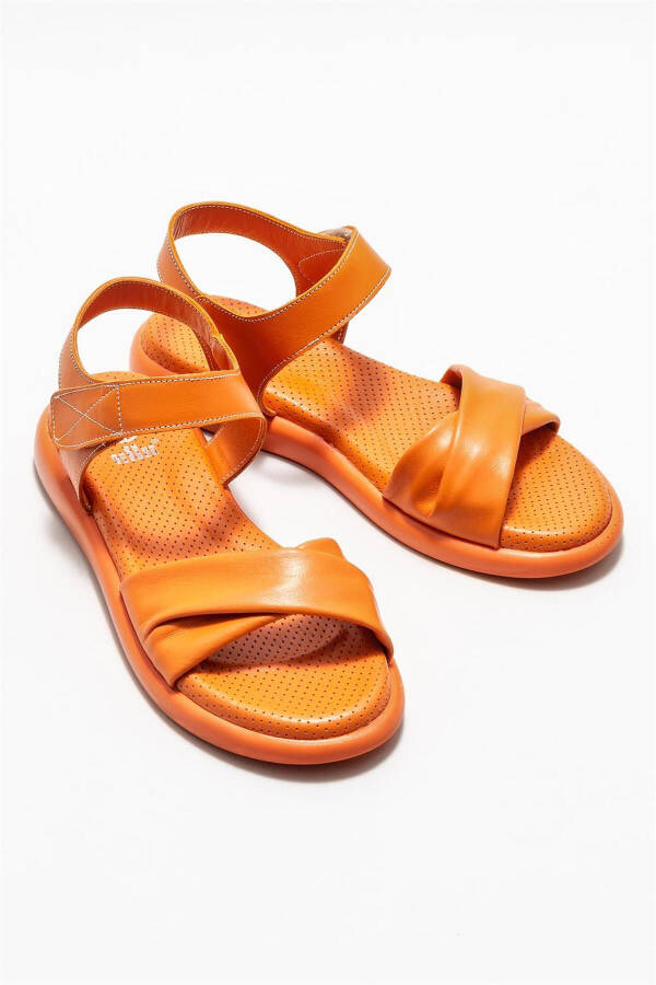 Orange Leather Women's Flat Sandals - 2