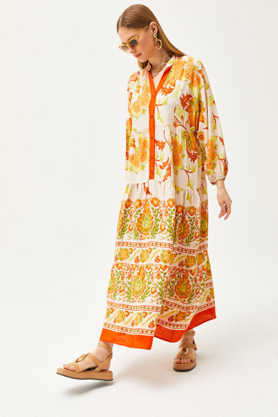 Orange Mandarin Collar Oversize Maxi Woven Viscose Dress ELB-19002046 - 1