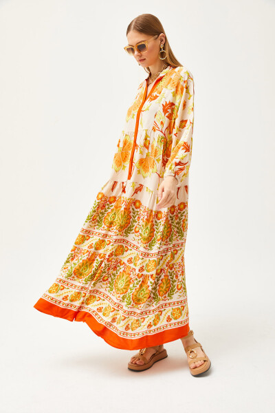 Orange Mandarin Collar Oversize Maxi Woven Viscose Dress ELB-19002046 - 2