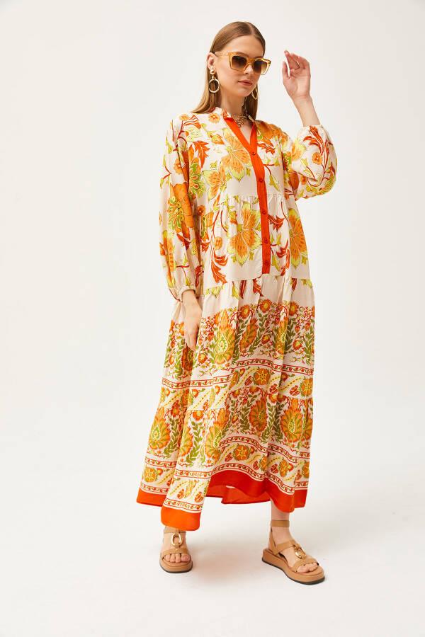 Orange Mandarin Collar Oversize Maxi Woven Viscose Dress ELB-19002046 - 3