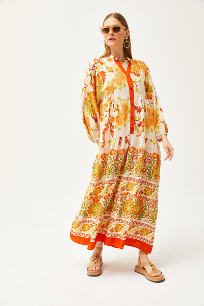 Orange Mandarin Collar Oversize Maxi Woven Viscose Dress ELB-19002046 - 4