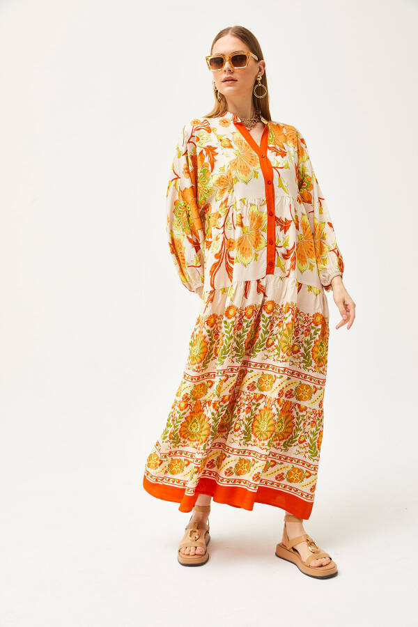 Orange Mandarin Collar Oversize Maxi Woven Viscose Dress ELB-19002046 - 4