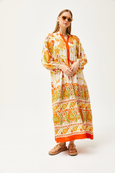 Orange Mandarin Collar Oversize Maxi Woven Viscose Dress ELB-19002046 - 5