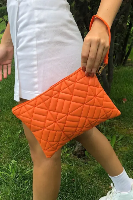Orange Patterned Portfolio Clutch Bag 25x19 Cm-Orange - DEFNELLA