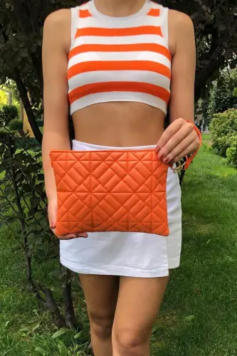 Orange Patterned Portfolio Clutch Bag 25x19 Cm-Orange - 2