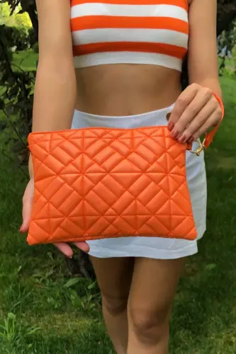 Orange Patterned Portfolio Clutch Bag 25x19 Cm-Orange - 3