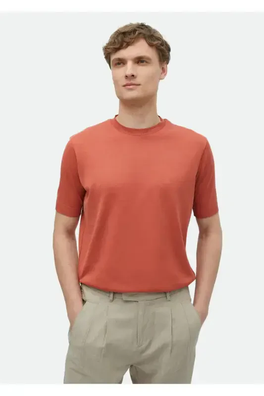 Orange Plain Bike Collar %100 Cotton T-Shirt - 1