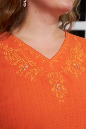 Orange Plus Size Crinkle Blouse with Collar Embroidery and Stone Details - 2