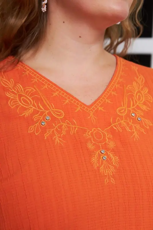 Orange Plus Size Crinkle Blouse with Collar Embroidery and Stone Details - 2