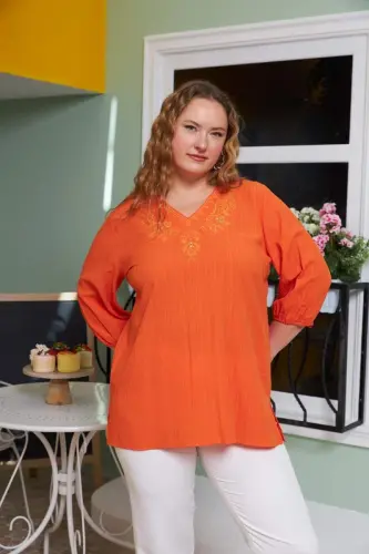 Orange Plus Size Crinkle Blouse with Collar Embroidery and Stone Details - 3