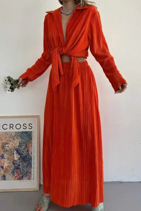 Orange Ribbed Shirt And Long Skirt Set - BÜYÜKBEDENIZ