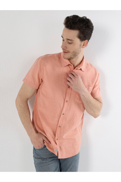 Orange, short-sleeved, pocket, regular fit shirt for men. - 1