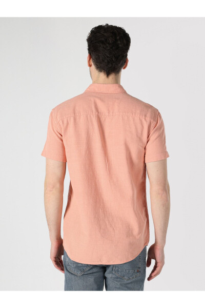 Orange, short-sleeved, pocket, regular fit shirt for men. - 2