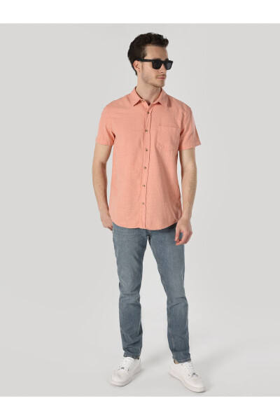 Orange, short-sleeved, pocket, regular fit shirt for men. - 3