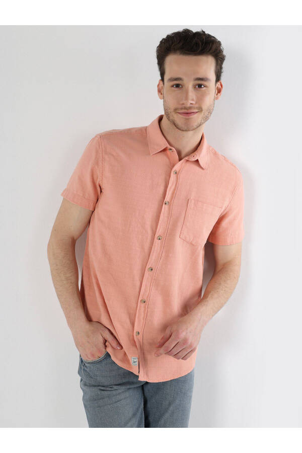 Orange, short-sleeved, pocket, regular fit shirt for men. - 4