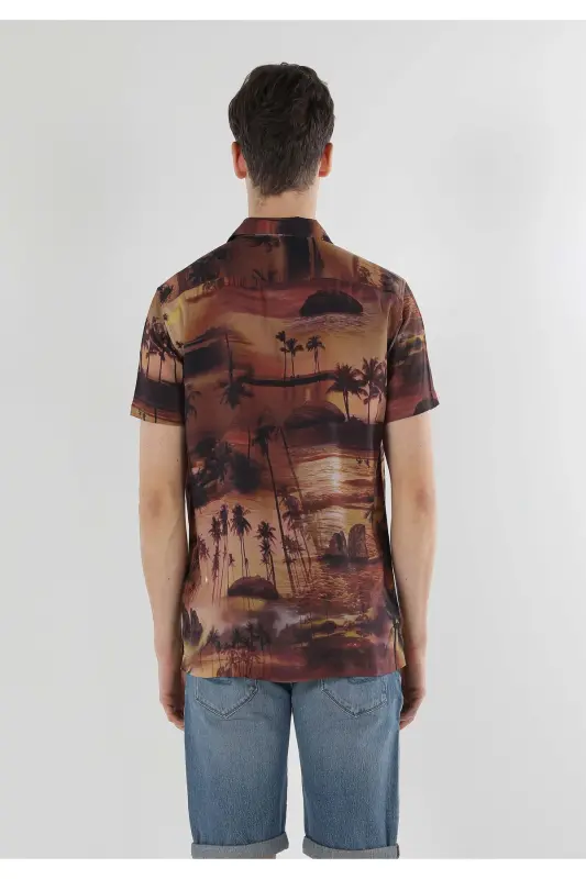 Orange short-sleeved, regular fit men's shirt with palm print. - 2