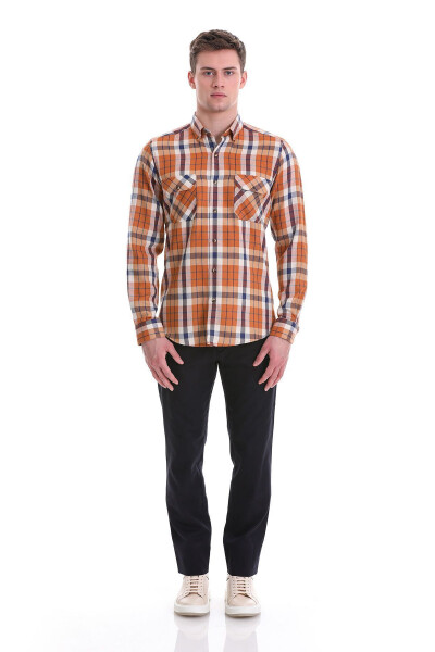 Orange Slim Fit Checkered 100% Cotton Button-Down Collar - HATEMOĞLU (1)