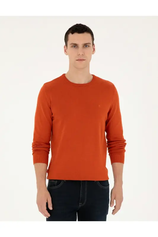 Orange Slim Fit Crew Neck Basic Knit Sweater 50296575-VR051 - Orange - 1