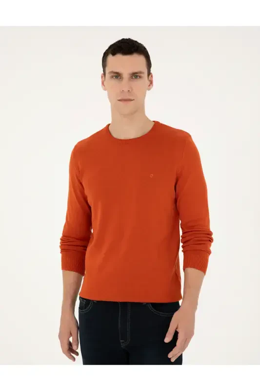Orange Slim Fit Crew Neck Basic Knitted Sweater 50296575-VR051-Orange - 3