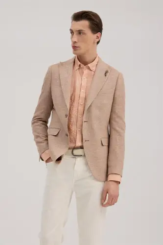 Orange Slim Fit Pointed Collar Patterned Jacket - 1