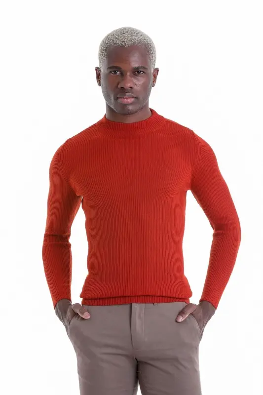 Orange Slim Fit Ribbed Half Turtleneck Wool - 1