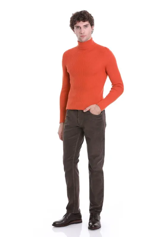 Orange Slim Fit Ribbed Turtleneck Woolen Knit Sweater - Orange - 2