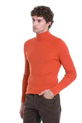 Orange Slim Fit Ribbed Turtleneck Woolen Knit Sweater - Orange - 3