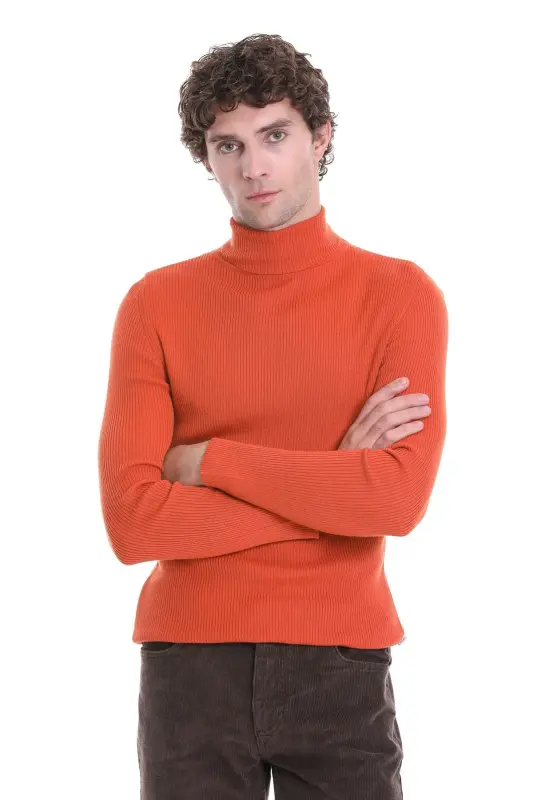Orange Slim Fit Ribbed Turtleneck Woolen Knit Sweater - Orange - 4