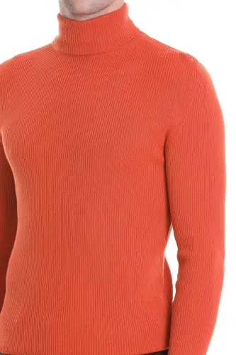 Orange Slim Fit Ribbed Turtleneck Woolen Knit Sweater - Orange - 5