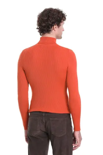 Orange Slim Fit Ribbed Turtleneck Woolen Knit Sweater - Orange - 6
