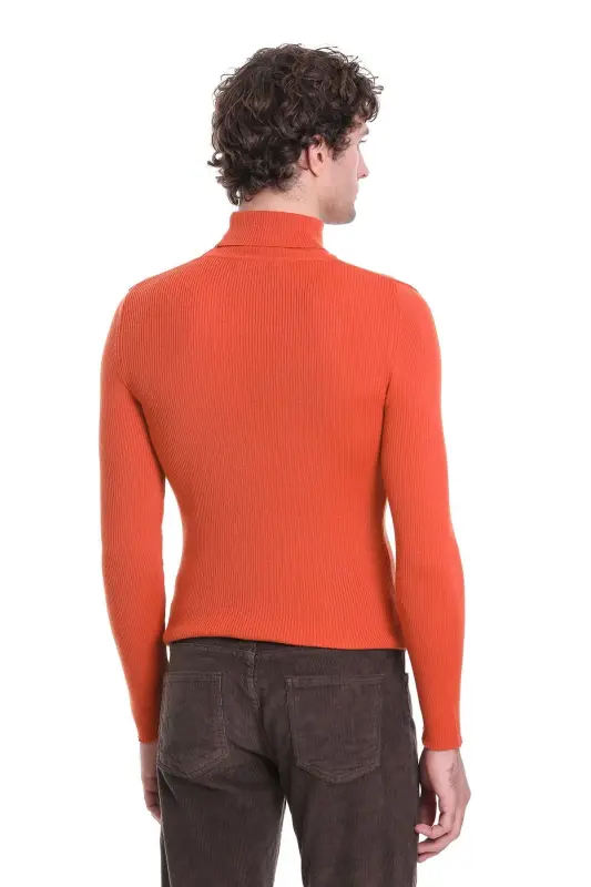 Orange Slim Fit Ribbed Turtleneck Woolen Knit Sweater - Orange - 6