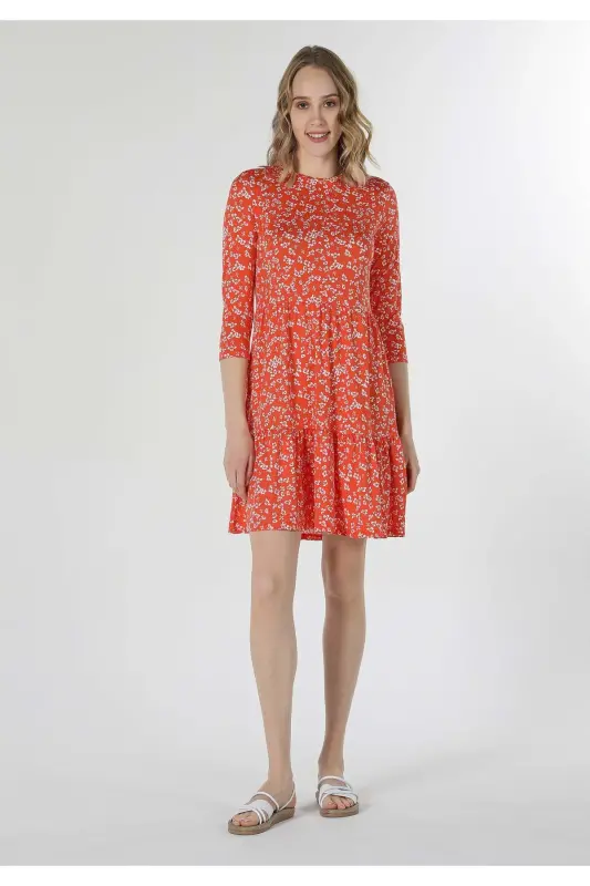Orange women's dress, floral print. - 4