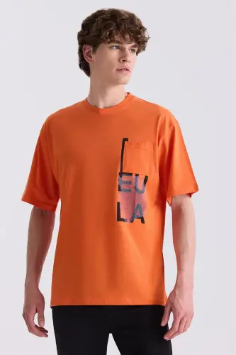 Oranj Yazı Baskılı Bisiklet Yaka T-Shirt 