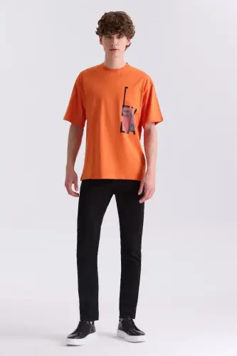 Oranj Yazı Baskılı Bisiklet Yaka T-Shirt - JAKAMEN (1)