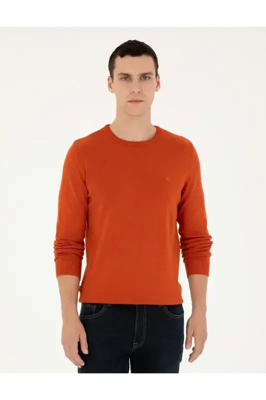 Oранжевый Трикотажный Свитер Slim Fit с Круглым Вырезом 50296575-VR051-Turuncu - 1