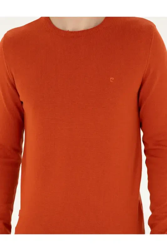 Oранжевый Трикотажный Свитер Slim Fit с Круглым Вырезом 50296575-VR051-Turuncu - 6