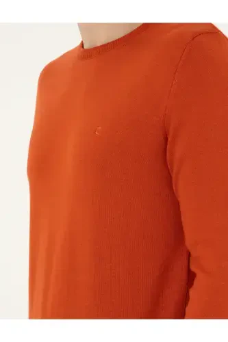 Oранжевый Трикотажный Свитер Slim Fit с Круглым Вырезом 50296575-VR051-Turuncu - 7