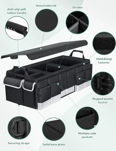 Органайзер для багажника Oasser с сумкой-холодильником, большой складной автомобильный органайзер для багажника для внедорожника с несколькими отделениями, органайзер для хранения в автомобиле для продуктов с крышкой для седана Черный&Серый - 3