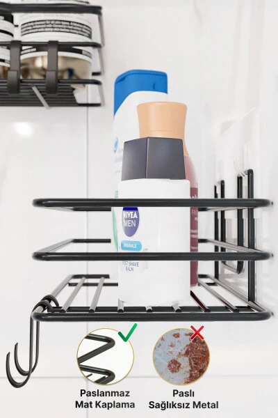 Органайзер для ванной. Полка для душа с 2 крючками, металлическая, наклейка, 1 шт. Мыльница, шампуньница. - 4