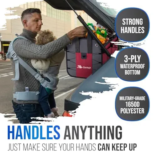 Органайзер в багажник автомобиля – Большая складная коробка для хранения с регулируемыми отделениями – Прочный органайзер для груза для внедорожника, грузовика и автомобиля – Нескользящий водонепроницаемый ящик для хранения в багажнике для продуктов и инструментов - 3