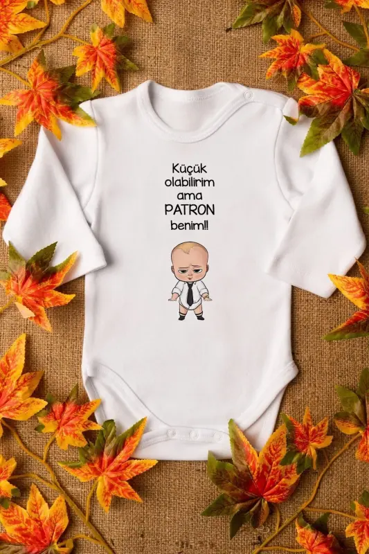 Organic 100% Cotton Boss Baby I May Be Small But I'm The Boss Long Sleeve Bodysuit 5206-UZUN WHITE - 2