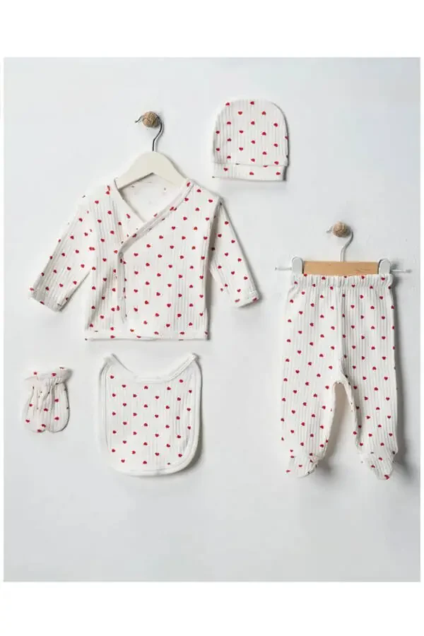 Organic 5 Piece Newborn Baby Romper Set Hospital Discharge Ribbed Ecru Fabric Red Heart Boxed 100% Cotton - 1