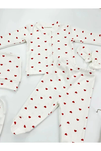 Organic 5 Piece Newborn Baby Romper Set Hospital Discharge Ribbed Ecru Fabric Red Heart Boxed 100% Cotton - 3