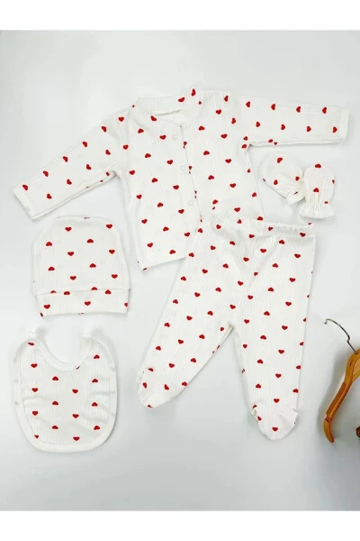 Organic 5 Piece Newborn Baby Romper Set Hospital Discharge Ribbed Ecru Fabric Red Heart Boxed 100% Cotton - 4