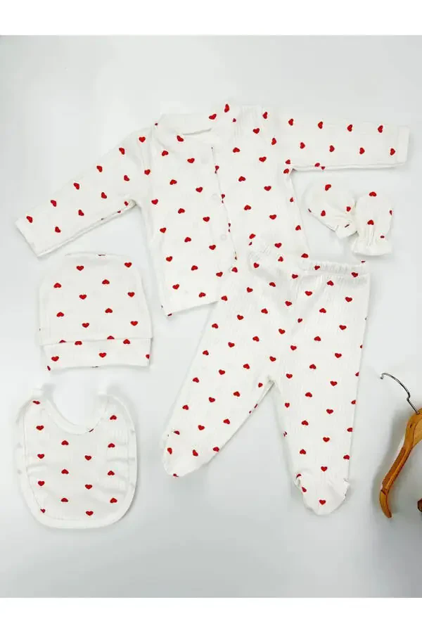 Organic 5 Piece Newborn Baby Romper Set Hospital Discharge Ribbed Ecru Fabric Red Heart Boxed 100% Cotton - 4