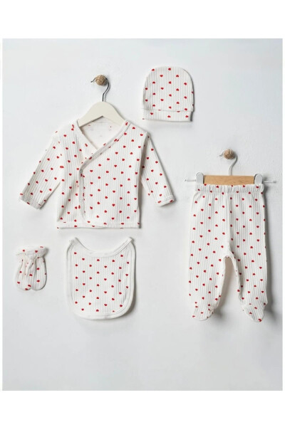 Organic 5 Piece Newborn Baby Romper Set Hospital Discharge Ribbed Ecru Fabric Red Heart Boxed 100% Cotton - TEKNOTRUST