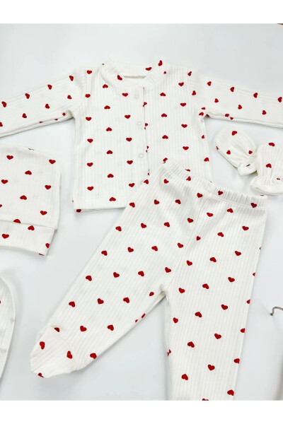 Organic 5 Piece Newborn Baby Romper Set Hospital Discharge Ribbed Ecru Fabric Red Heart Boxed 100% Cotton - 3