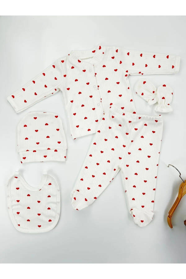Organic 5 Piece Newborn Baby Romper Set Hospital Discharge Ribbed Ecru Fabric Red Heart Boxed 100% Cotton - 4