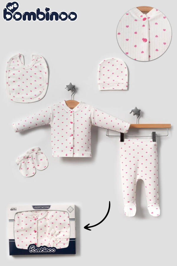 Organic 5 Piece Newborn Romper Set Hospital Discharge Ribbed Ecru Fabric PINK Heart Boxed Casual - 19