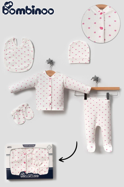 Organic 5 Piece Newborn Romper Set Hospital Discharge Ribbed Ecru Fabric PINK Heart Boxed Casual - 9